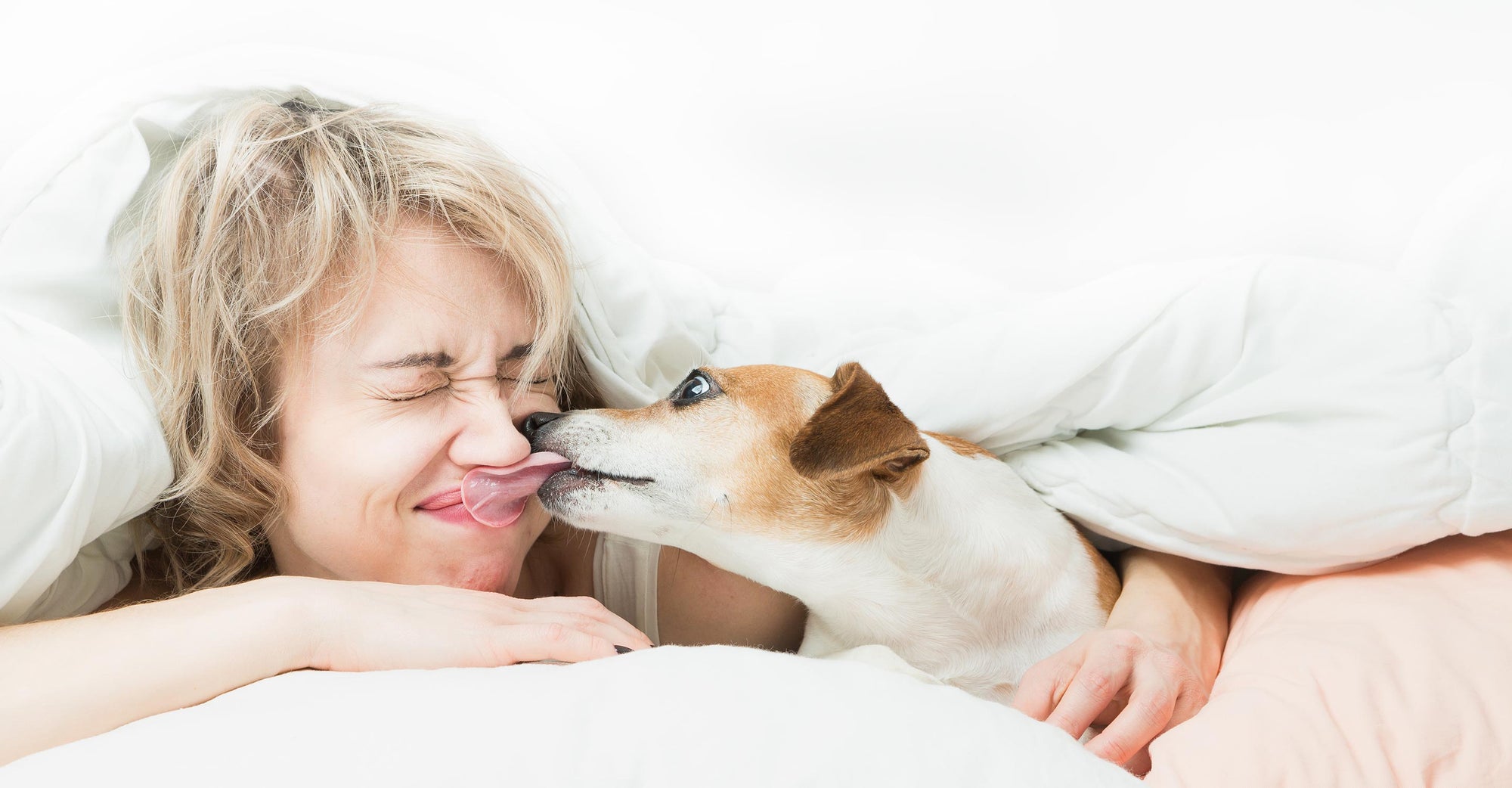 A dog licks a young woman&#039;s face while she lays in her bed.