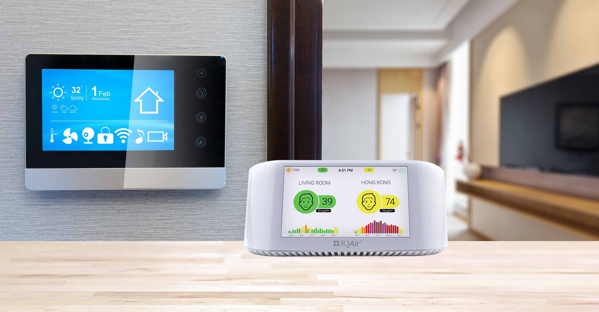 AirVisual Pro in front of smart thermostat