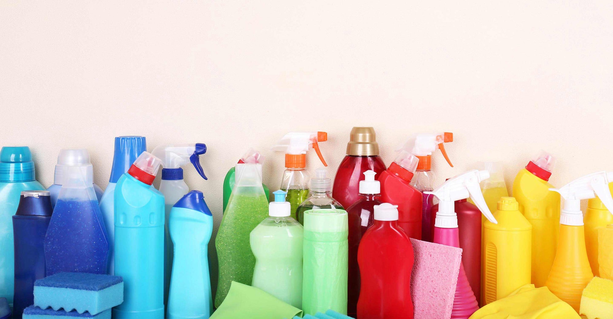 Empty household cleaning bottles