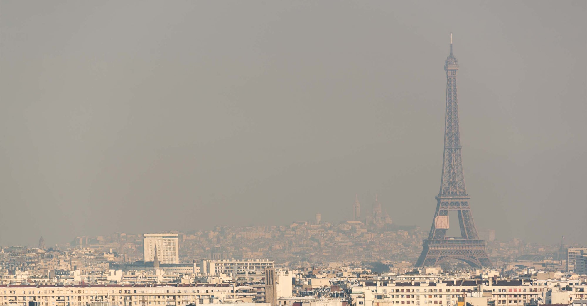Paris skyline with smog surround the Eiffel Tower
