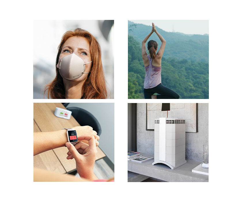 images showing IQAir mask, AirVisual platform, HealthPro Plus, and woman stretching